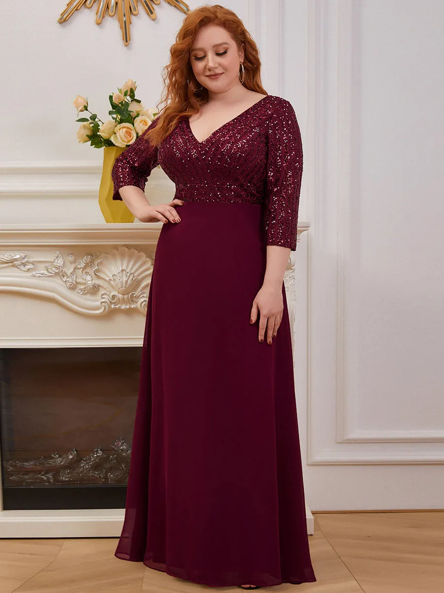 Sexy V Neck Pretty A-Line Sequin Wholesale Evening Dresses With 3/4 Sleeve