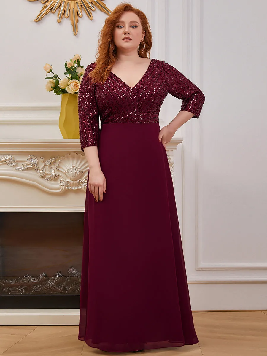 Sexy V Neck Pretty A-Line Sequin Wholesale Evening Dresses With 3/4 Sleeve