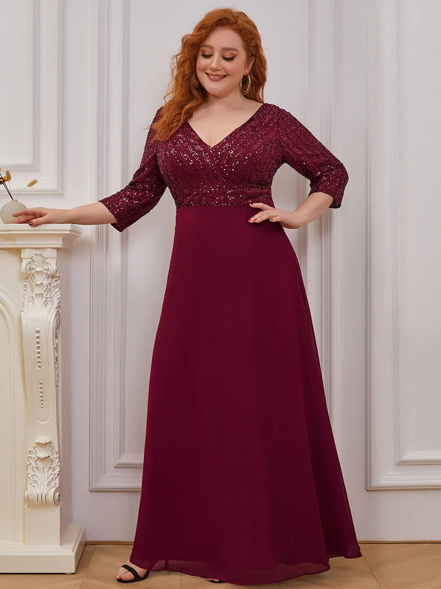 Sexy V Neck Pretty A-Line Sequin Wholesale Evening Dresses With 3/4 Sleeve