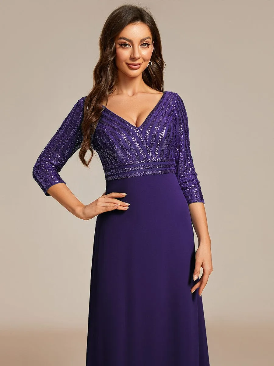 Sexy V Neck Sequin Evening Dresses with 3/4 Sleeve