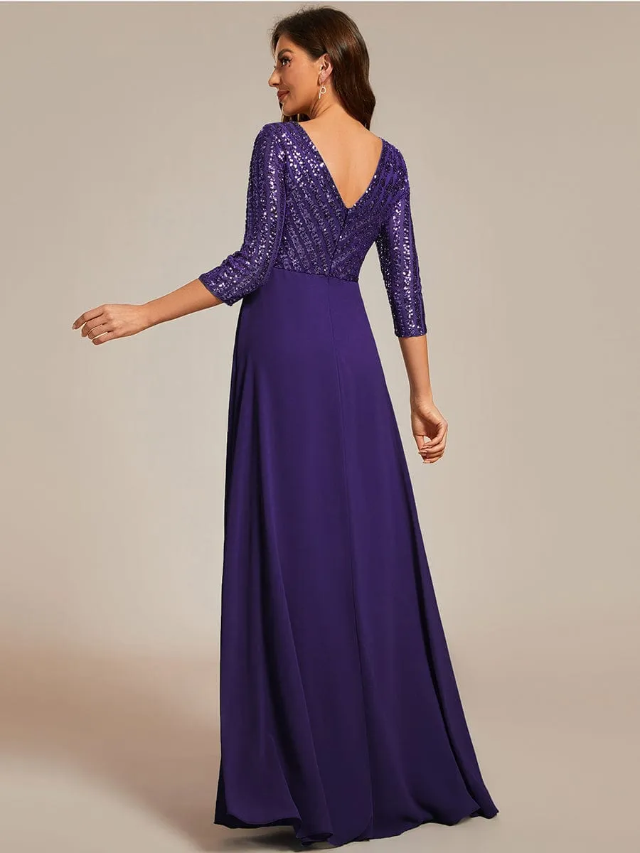 Sexy V Neck Sequin Evening Dresses with 3/4 Sleeve