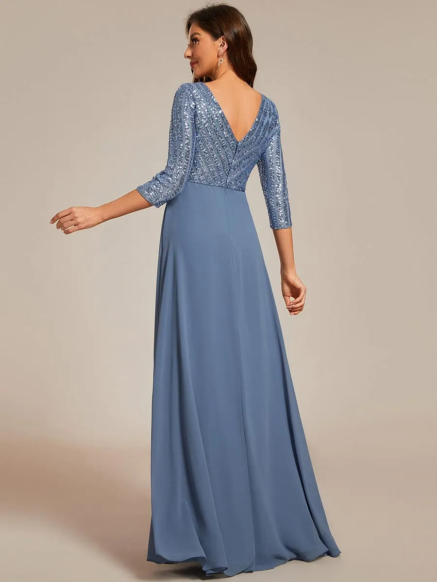 Sexy V Neck Sequin Evening Dresses with 3/4 Sleeve