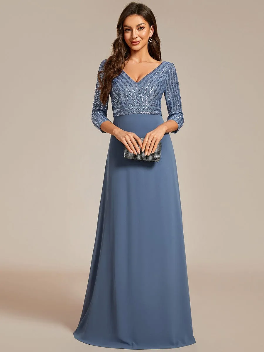 Sexy V Neck Sequin Evening Dresses with 3/4 Sleeve