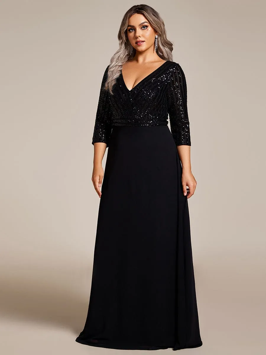 Sexy V Neck Sequin Evening Dresses with 3/4 Sleeve