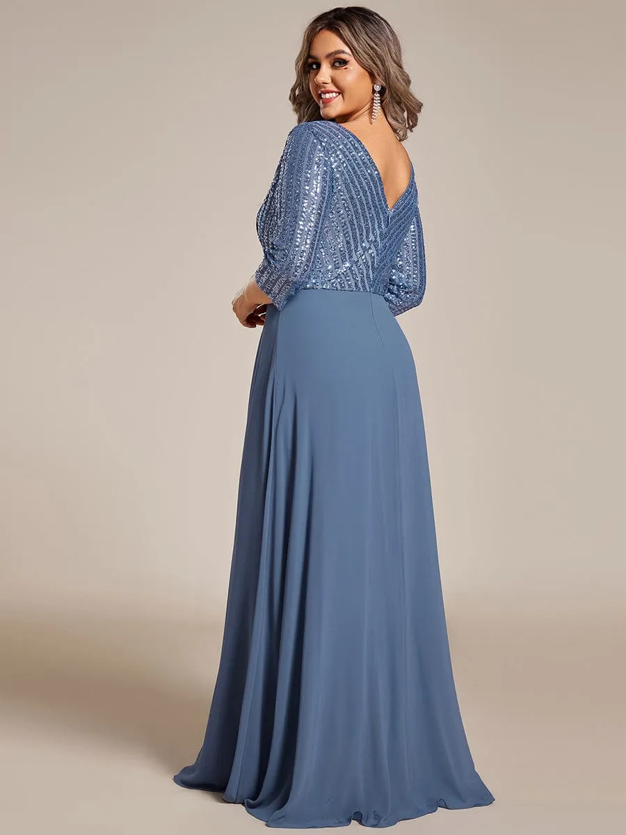 Sexy V Neck Sequin Evening Dresses with 3/4 Sleeve