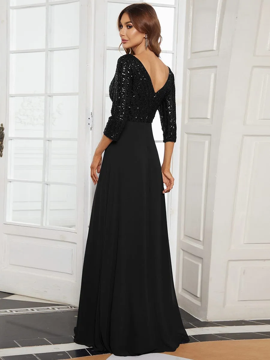 Sexy V Neck Sequin Evening Dresses with 3/4 Sleeve