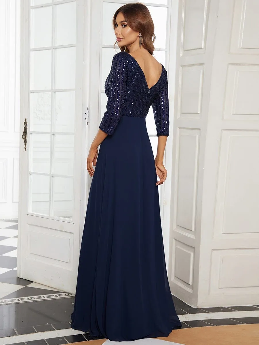 Sexy V Neck Sequin Evening Dresses with 3/4 Sleeve