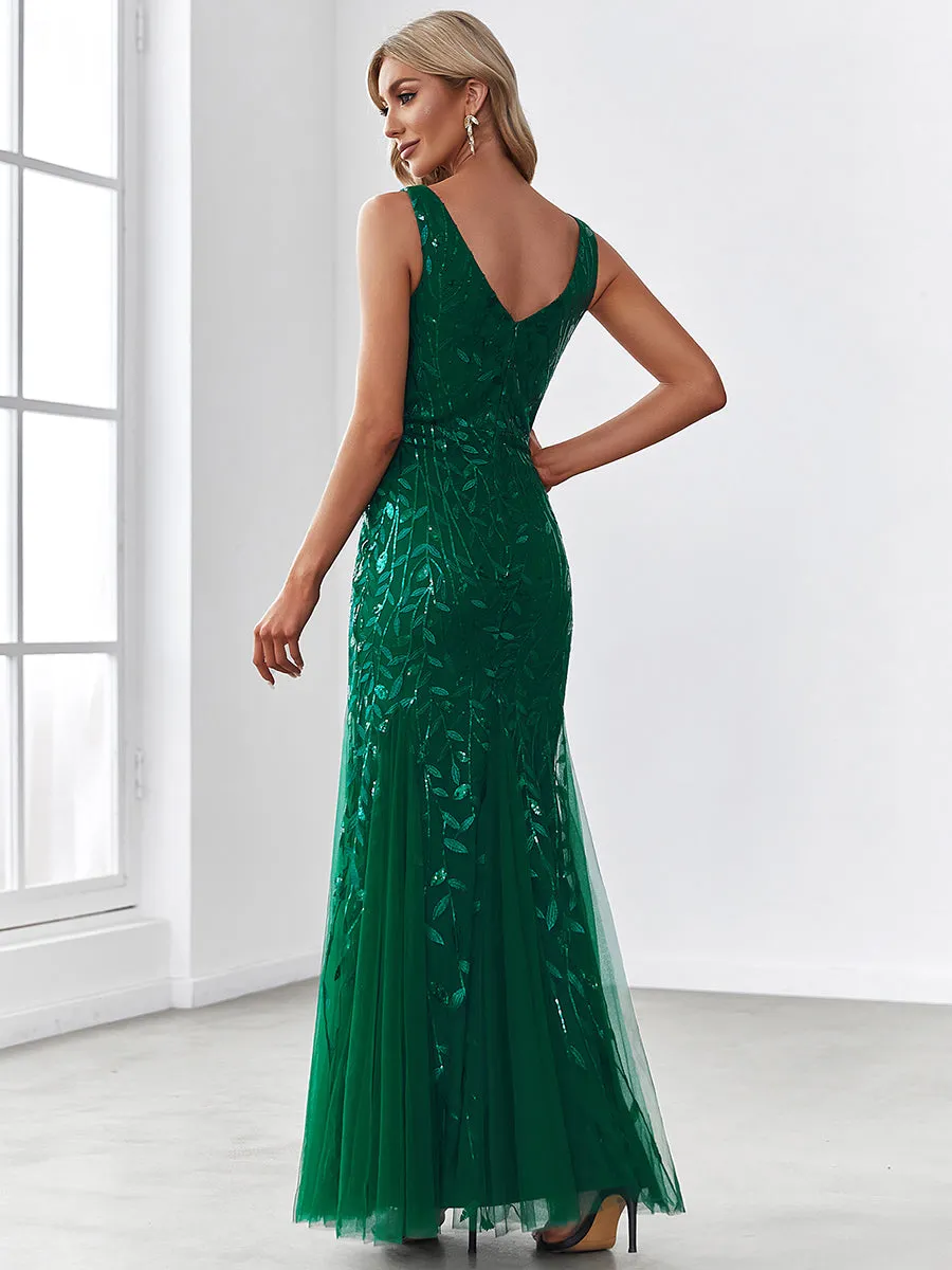 Sexy Wholesale Double V-Neck Sequin Mermaid Maxi Dresses For Evening