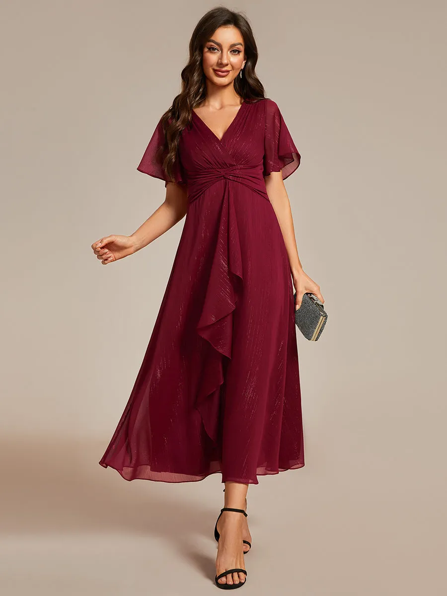 Shimmer V Neck Tea Length Wedding Guest Dress With Short Sleeves