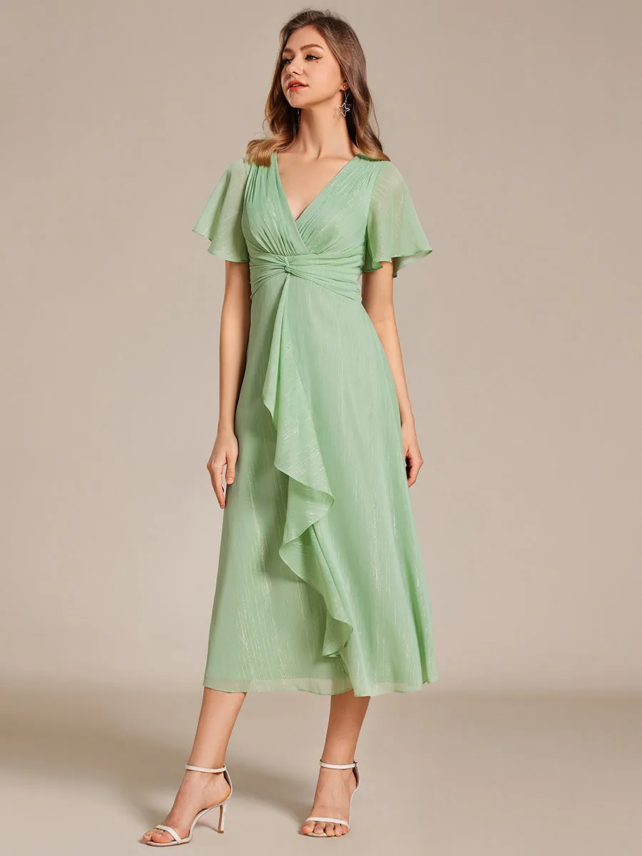 Shimmer V Neck Tea Length Wedding Guest Dress With Short Sleeves