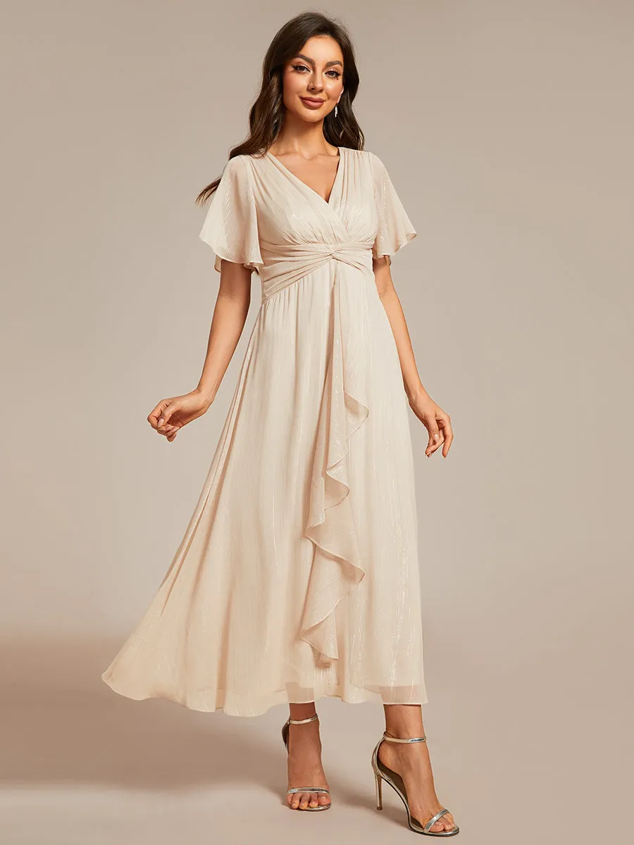 Shimmer V Neck Tea Length Wedding Guest Dress With Short Sleeves