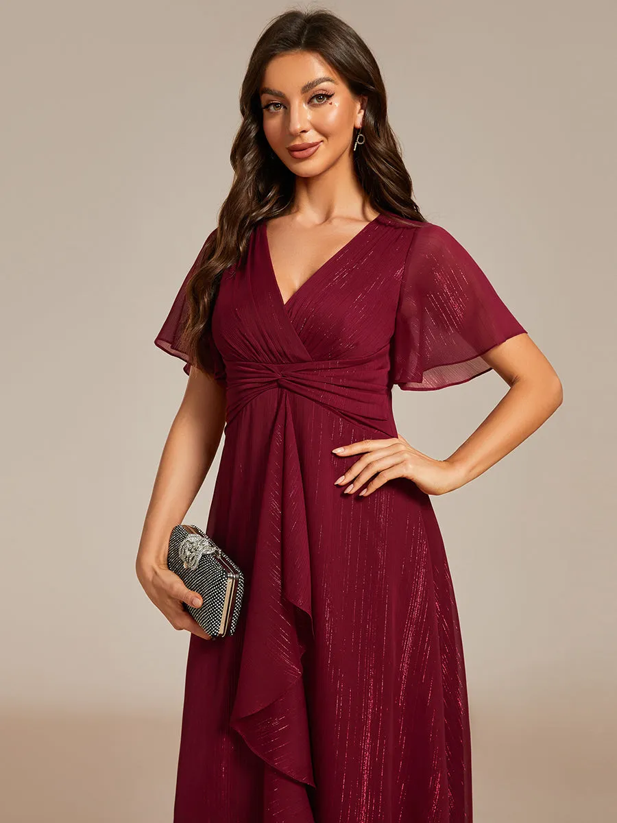 Shimmer V Neck Tea Length Wedding Guest Dress With Short Sleeves