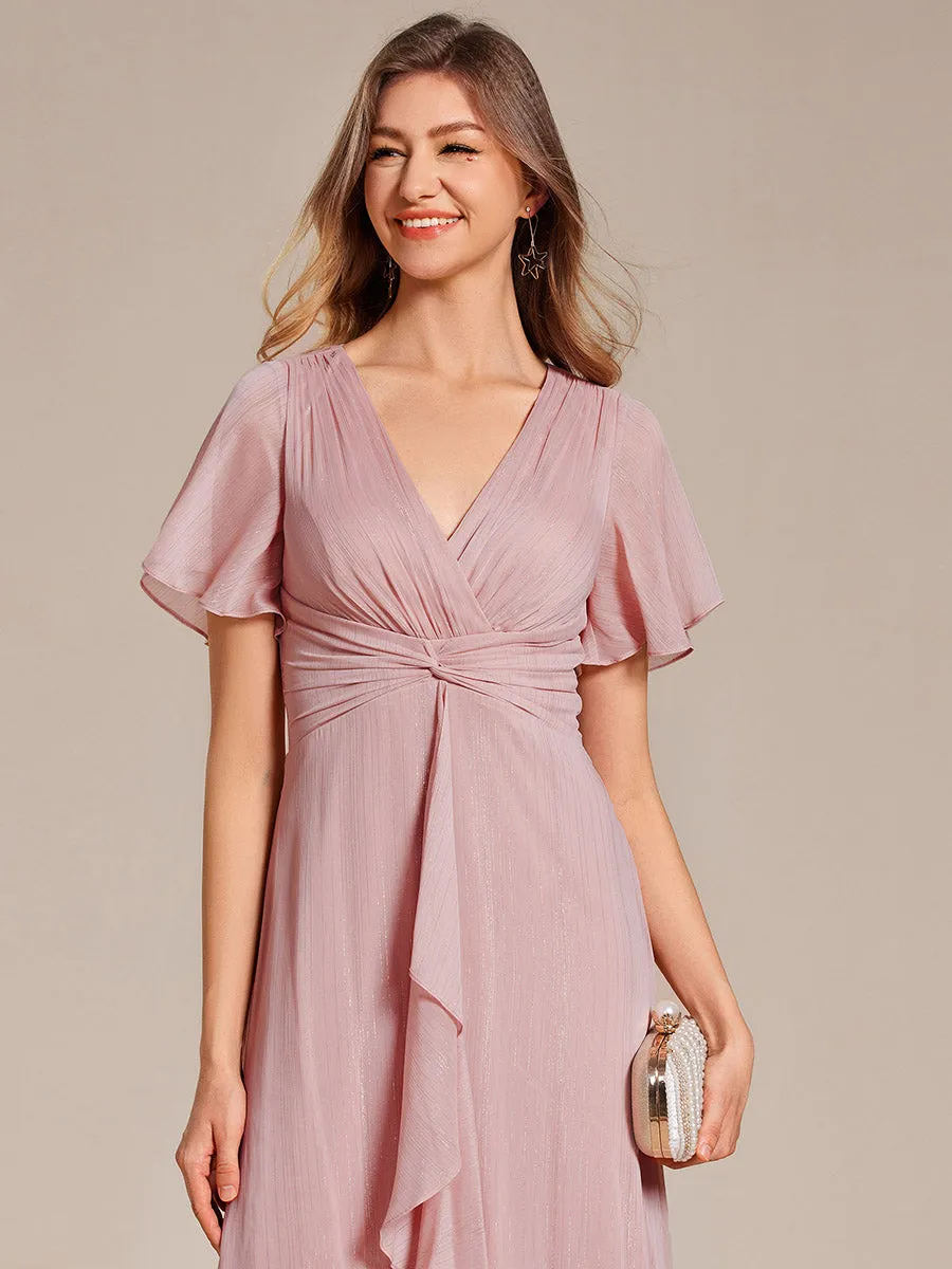 Shimmer V Neck Tea Length Wedding Guest Dress With Short Sleeves