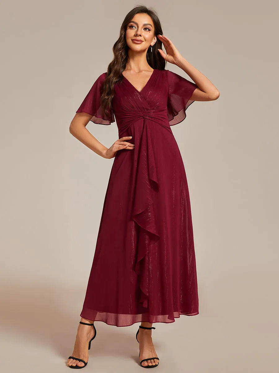 Shimmer V Neck Tea Length Wedding Guest Dress With Short Sleeves