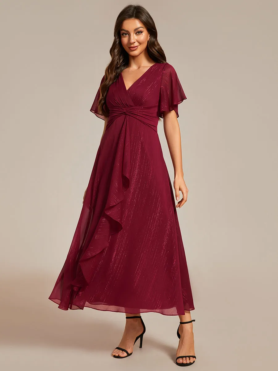 Shimmer V Neck Tea Length Wedding Guest Dress With Short Sleeves