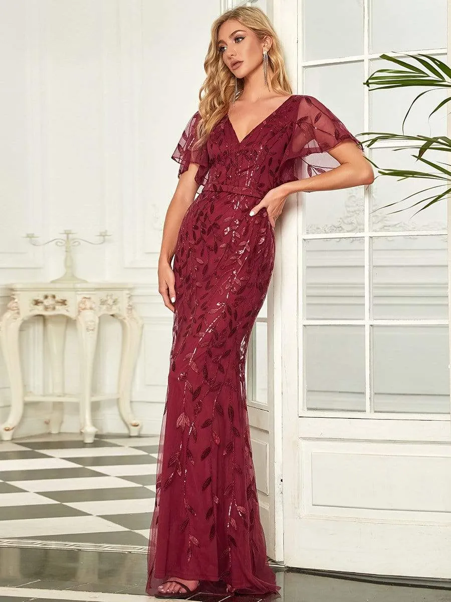 Shiny V Neck Leaf-Sequined Bodycon Formal Evening Dresses