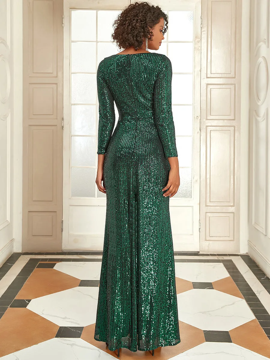 Shiny V Neck Sequin Wholesale Evening Party Dress with Long Sleeve