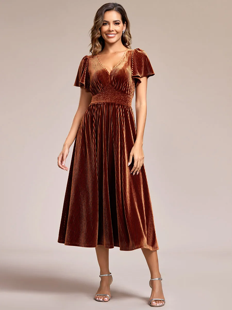 Short Sleeves Pleated Velvet Wholesale Wedding Guest Dresses