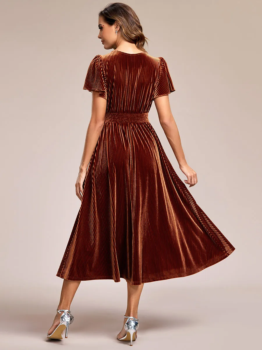 Short Sleeves Pleated Velvet Wholesale Wedding Guest Dresses