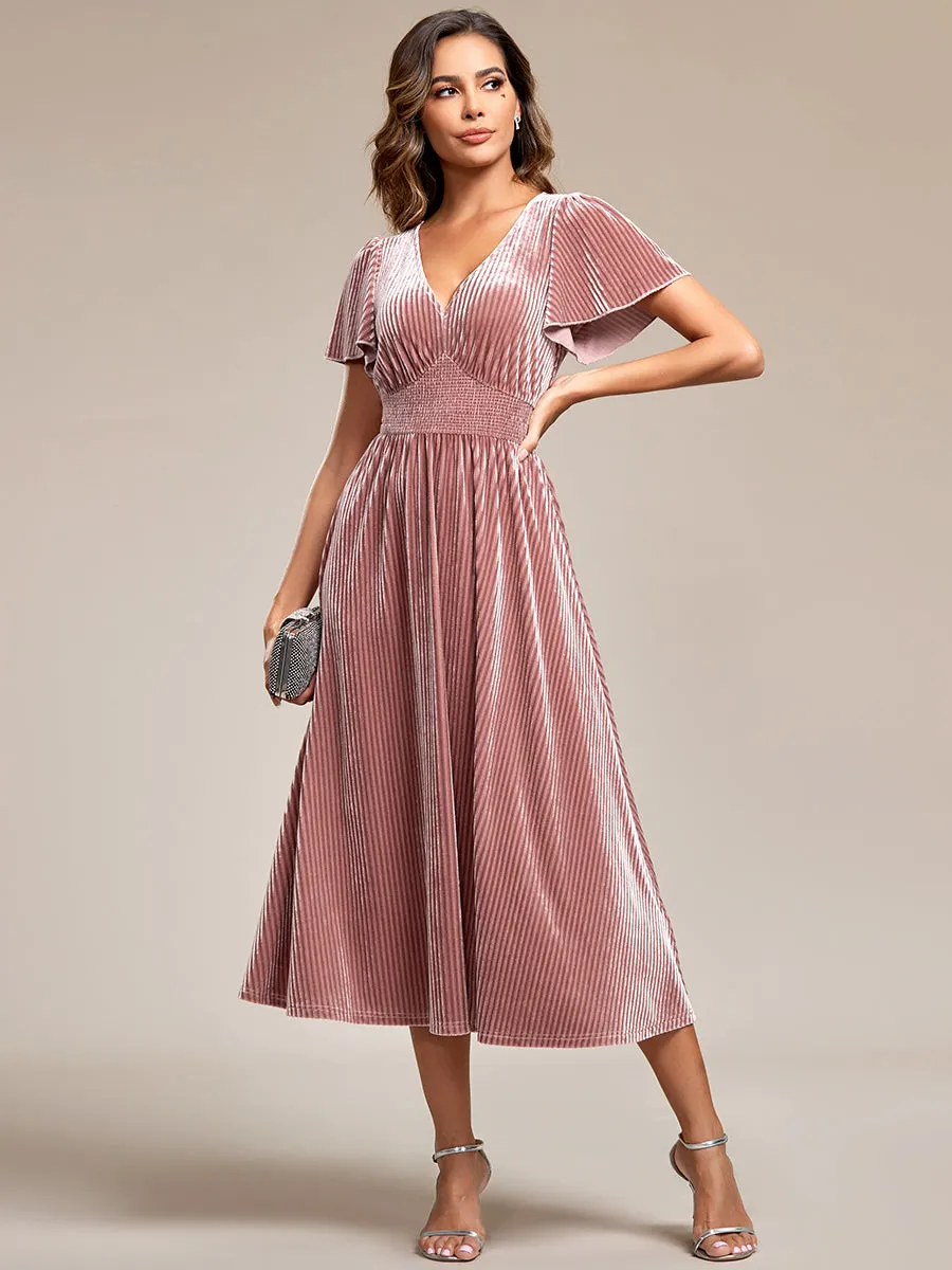 Short Sleeves Pleated Velvet Wholesale Wedding Guest Dresses