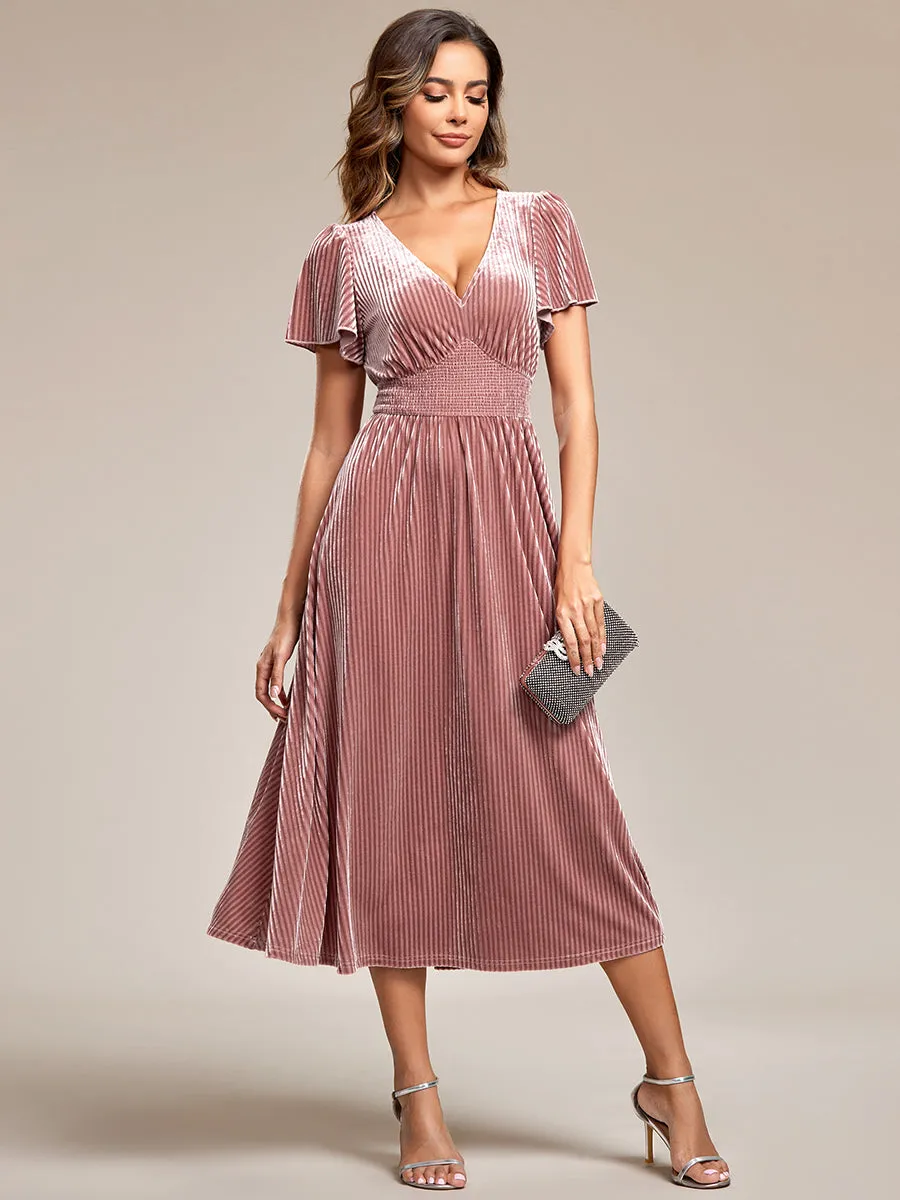 Short Sleeves Pleated Velvet Wholesale Wedding Guest Dresses