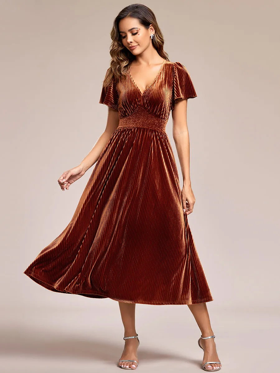 Short Sleeves Pleated Velvet Wholesale Wedding Guest Dresses