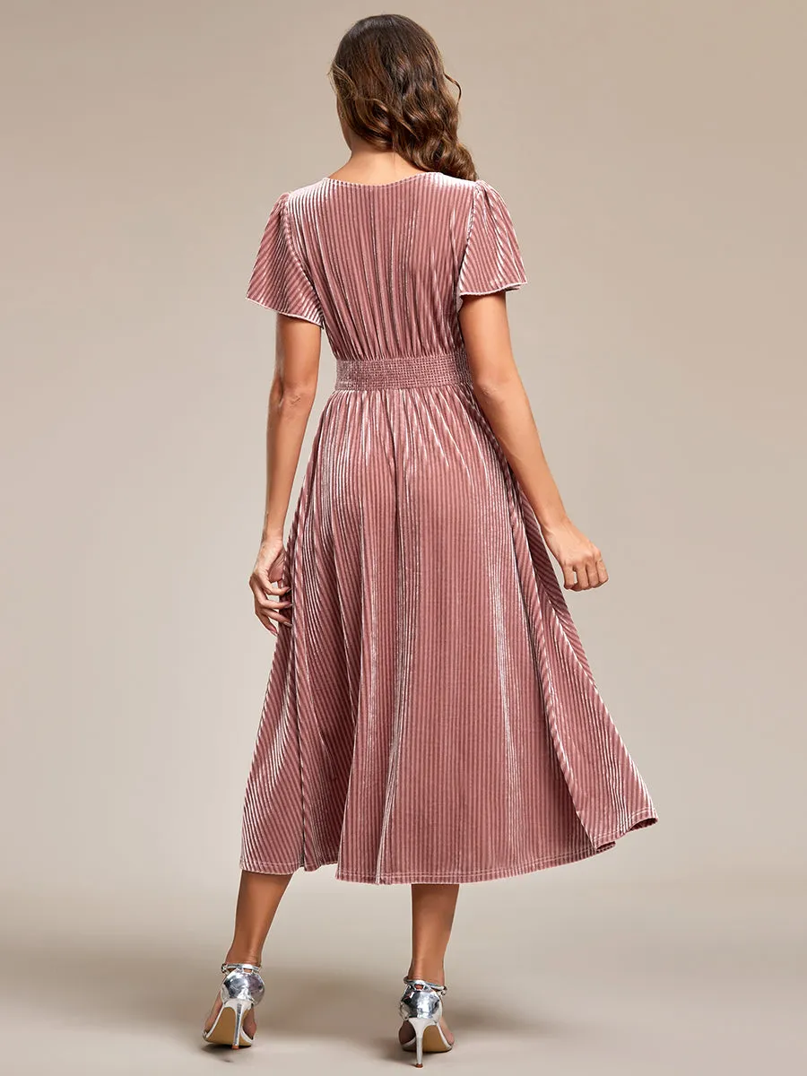 Short Sleeves Pleated Velvet Wholesale Wedding Guest Dresses