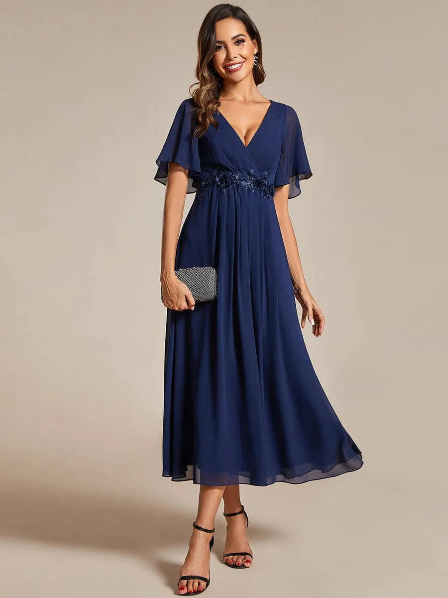 Short Sleeves V-Neck Tea Length Wedding Guest Dress with Floral Applique