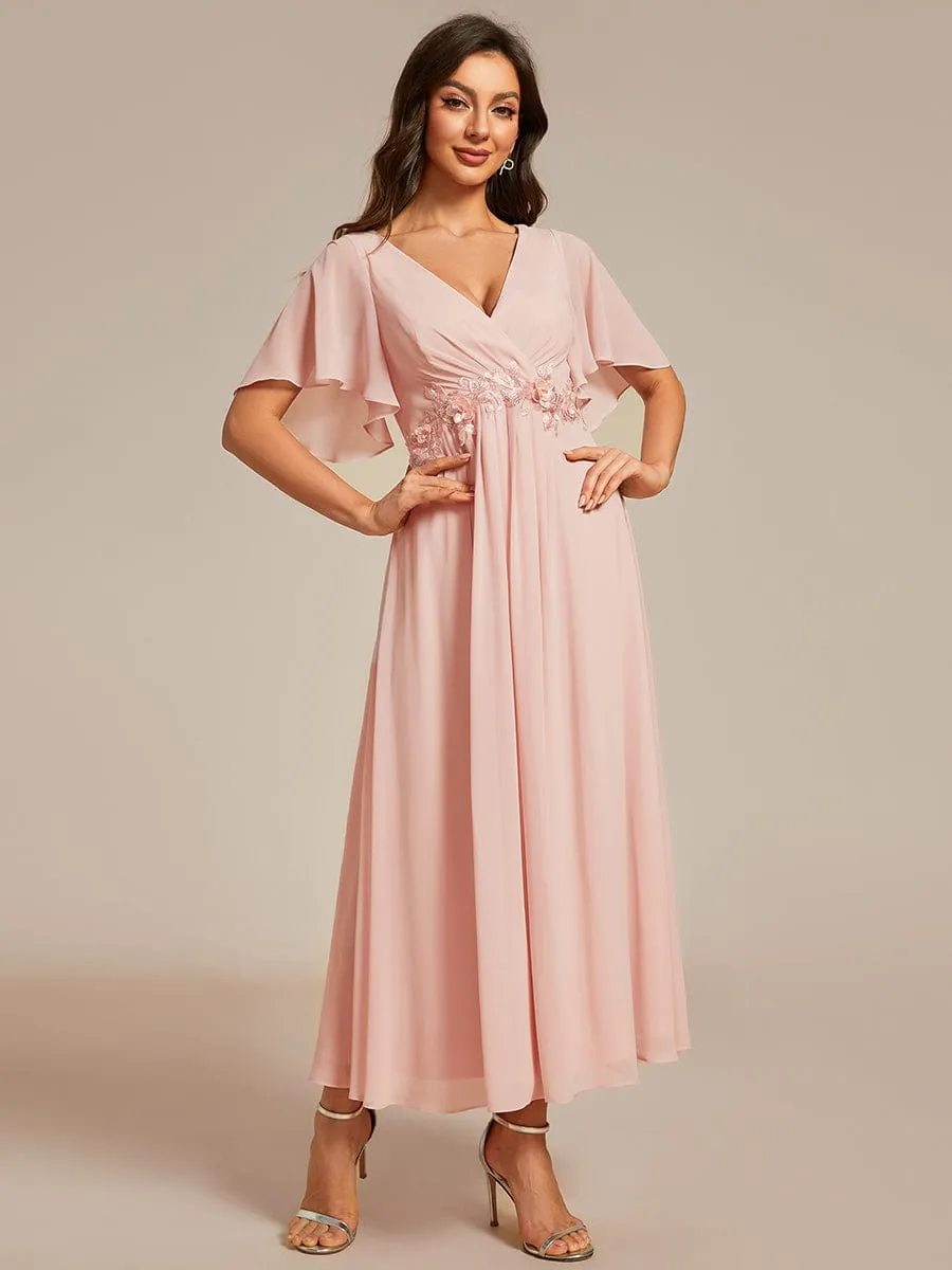 Short Sleeves V-Neck Tea Length Wedding Guest Dress with Floral Applique