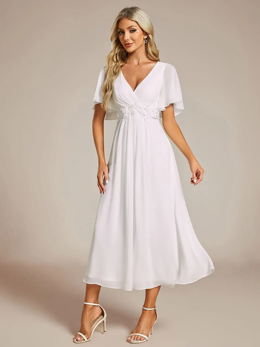 Short Sleeves V-Neck Tea Length Wedding Guest Dress with Floral Applique