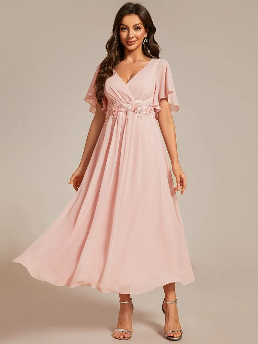 Short Sleeves V-Neck Tea Length Wedding Guest Dress with Floral Applique