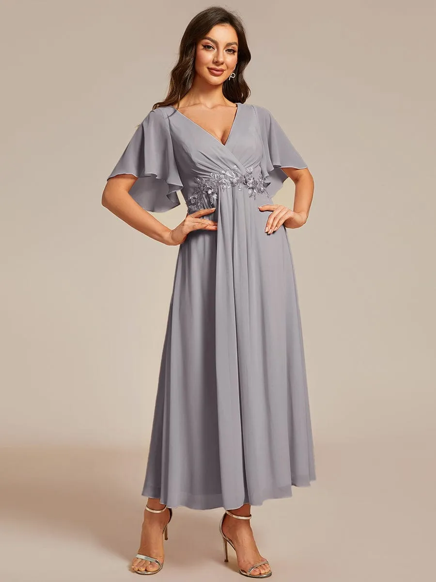 Short Sleeves V-Neck Tea Length Wedding Guest Dress with Floral Applique