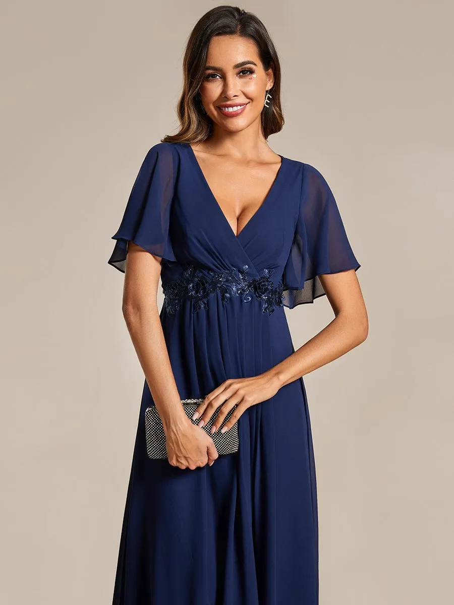 Short Sleeves V-Neck Tea Length Wedding Guest Dress with Floral Applique