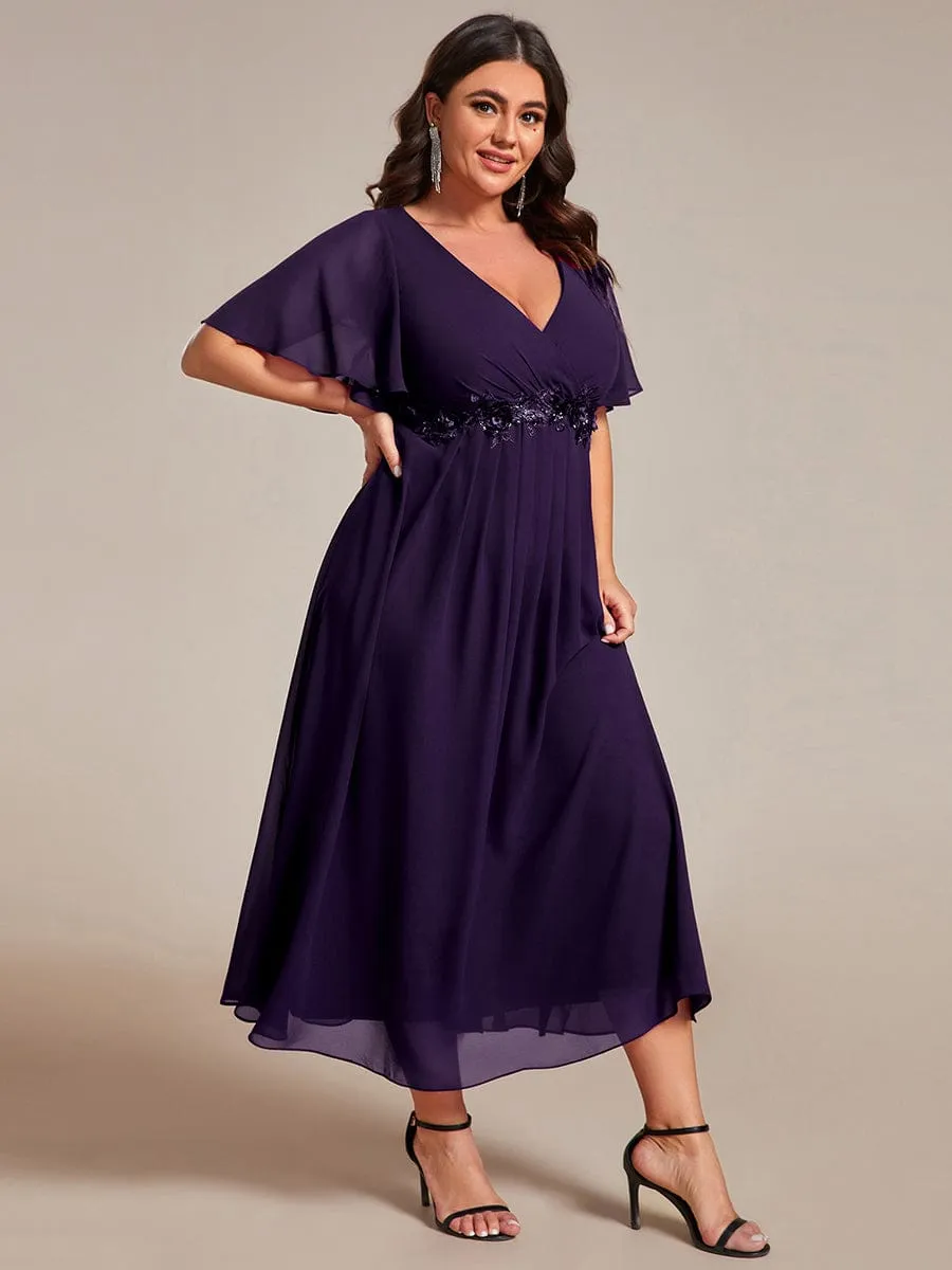 Short Sleeves V-Neck Tea Length Wedding Guest Dress with Floral Applique