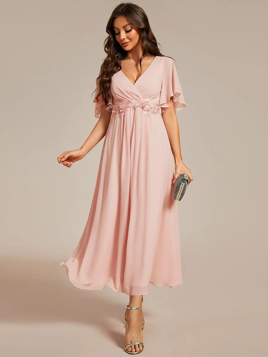 Short Sleeves V-Neck Tea Length Wedding Guest Dress with Floral Applique