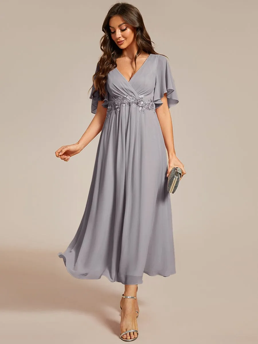 Short Sleeves V-Neck Tea Length Wedding Guest Dress with Floral Applique