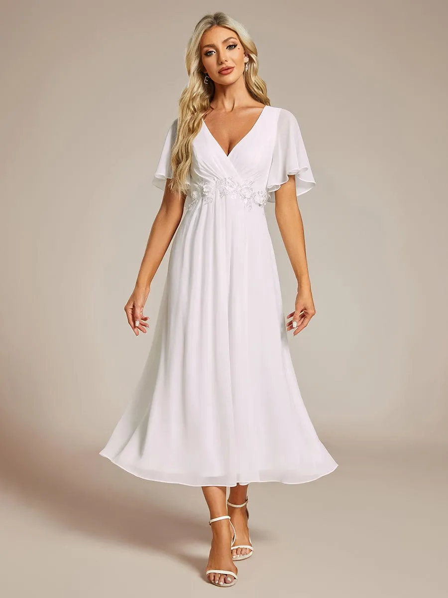 Short Sleeves V-Neck Tea Length Wedding Guest Dress with Floral Applique