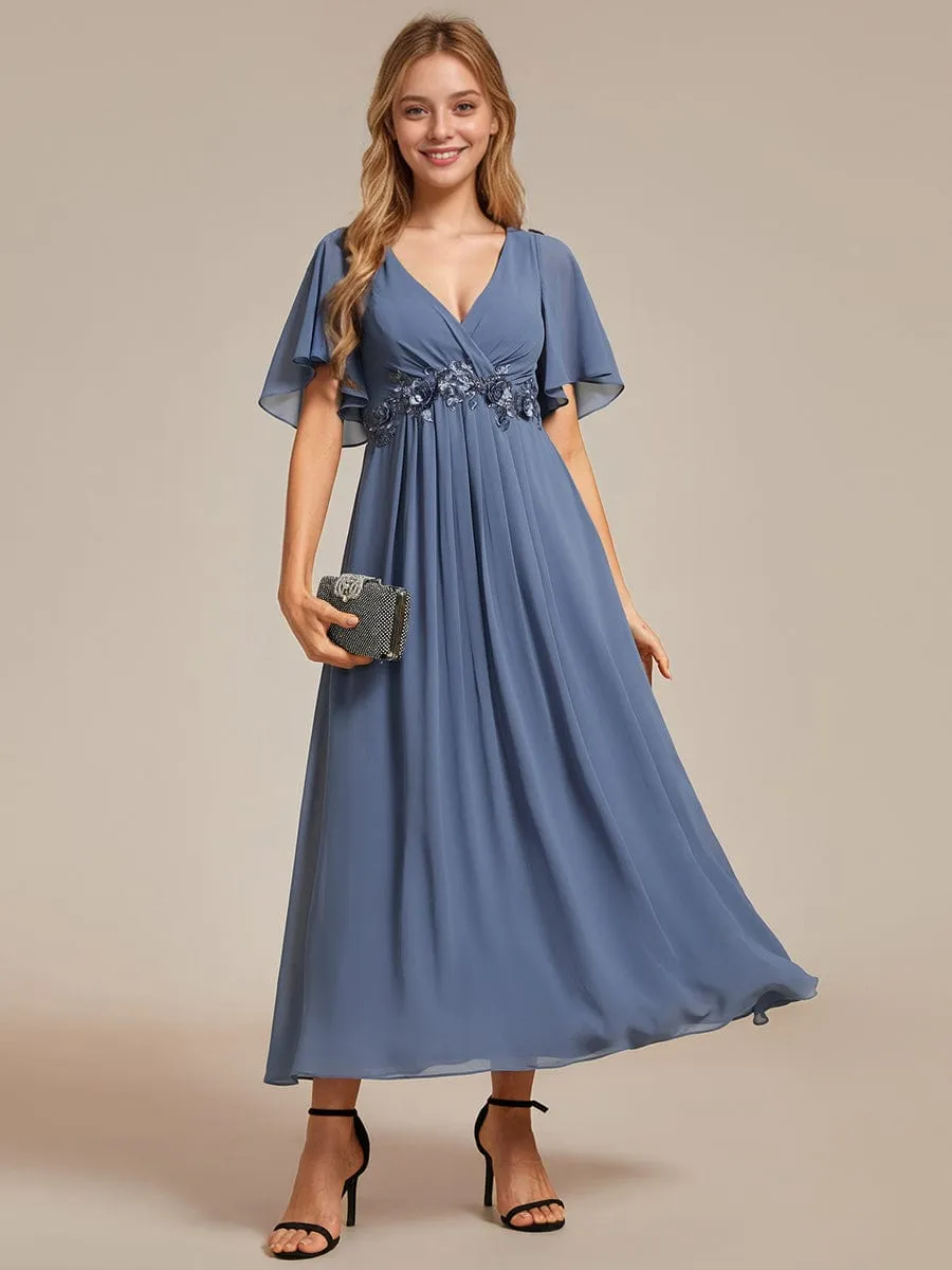 Short Sleeves V-Neck Tea Length Wedding Guest Dress with Floral Applique