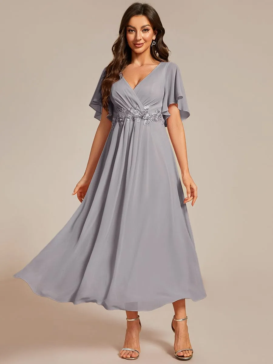 Short Sleeves V-Neck Tea Length Wedding Guest Dress with Floral Applique