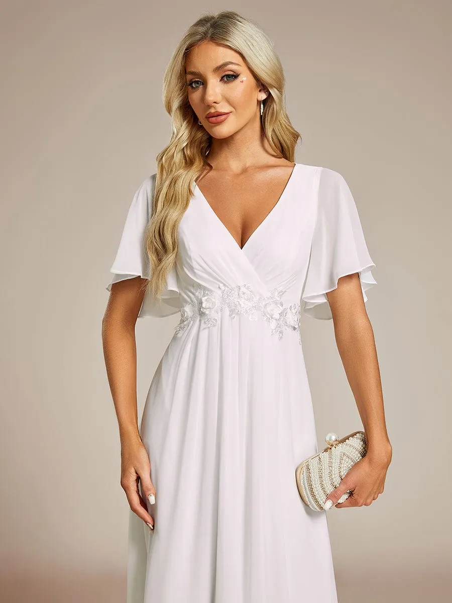 Short Sleeves V-Neck Tea Length Wedding Guest Dress with Floral Applique