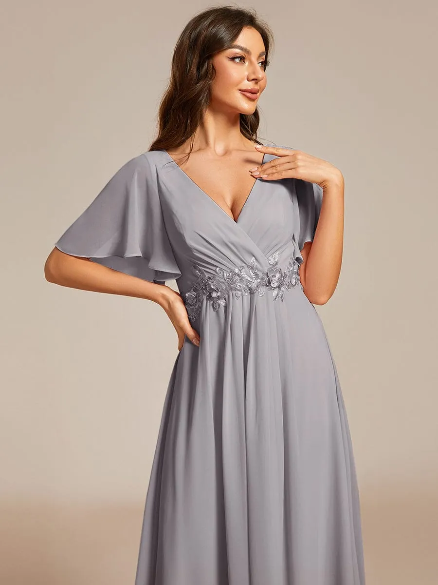 Short Sleeves V-Neck Tea Length Wedding Guest Dress with Floral Applique