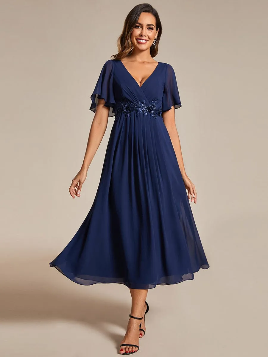 Short Sleeves V-Neck Tea Length Wedding Guest Dress with Floral Applique