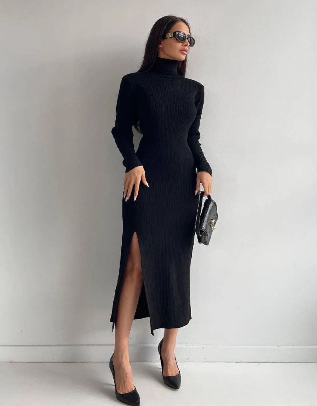 Side Split Solid High Collar Slim Dress