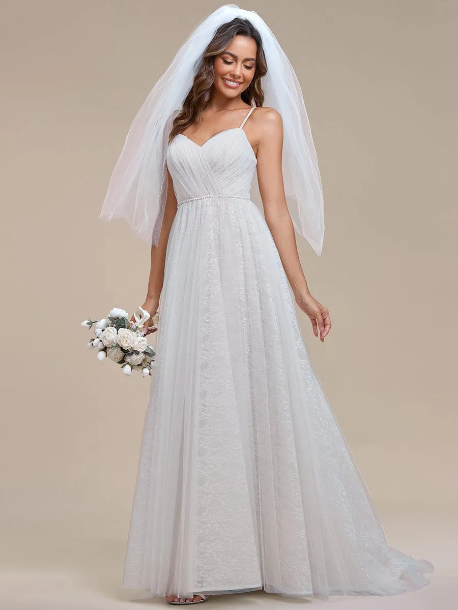 Spaghetti Strap Waist Pearl Sweetheart Collar Tulle Wedding Dress with Lace