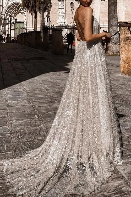 Sparkly Plunge Sequin Mesh Overlay Long Backless Prom Gown Dresses