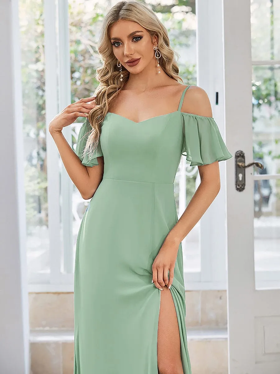 Stylish Cold Shoulder Flare Sleeves Flowy Bridesmaid Dress