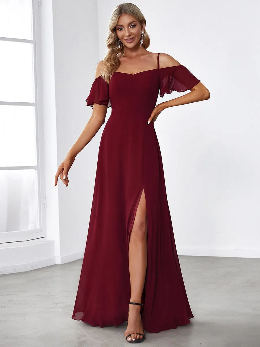 Stylish Cold Shoulder Flare Sleeves Flowy Bridesmaid Dress