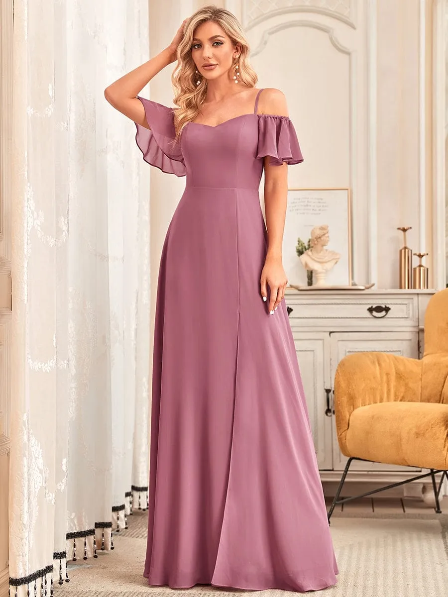 Stylish Cold Shoulder Flare Sleeves Flowy Bridesmaid Dress