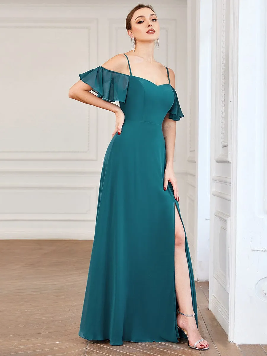 Stylish Cold Shoulder Flare Sleeves Flowy Bridesmaid Dress