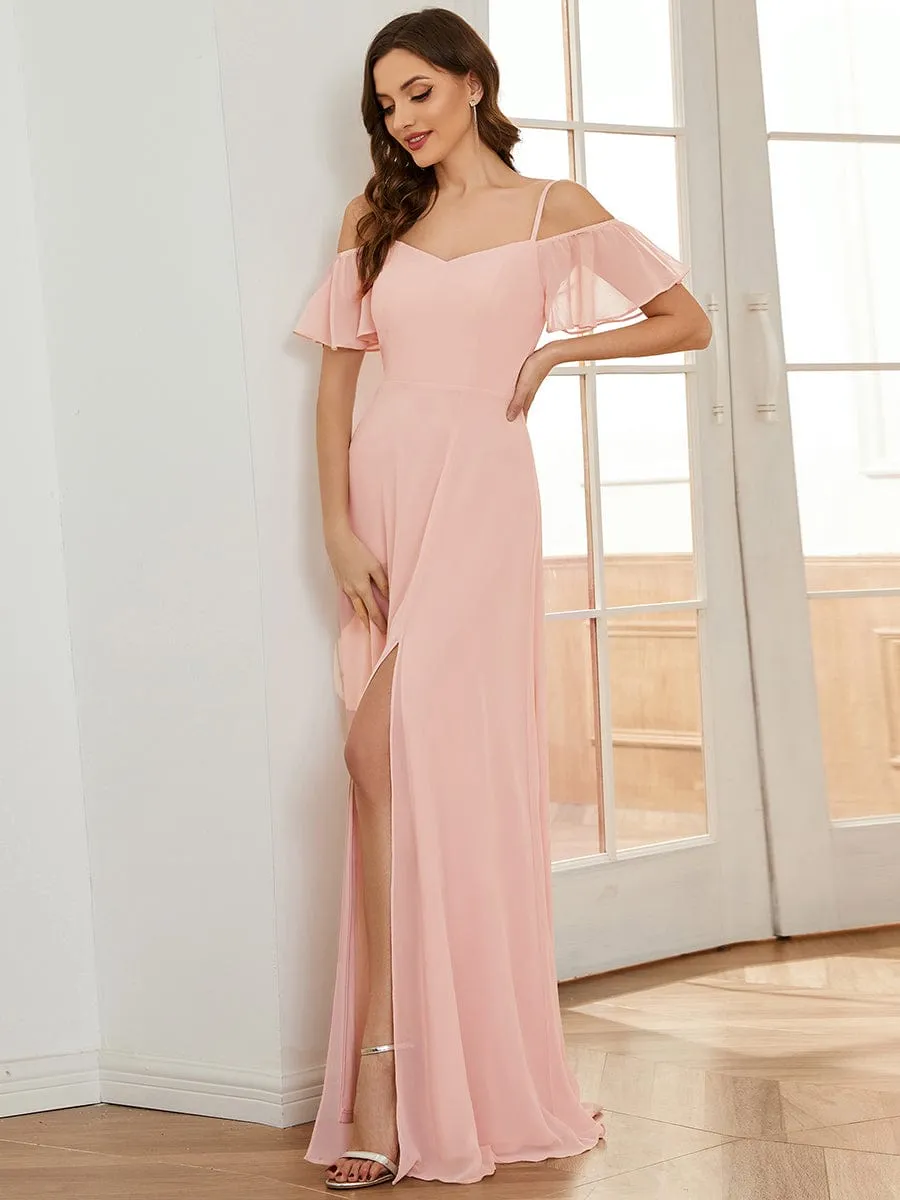 Stylish Cold Shoulder Flare Sleeves Flowy Bridesmaid Dress